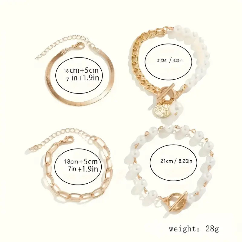 Σετ Βραχιολιών Chic Gold 4 τεμ - Φίδι, Πέρλες και Κρίκοι | Χρυσό