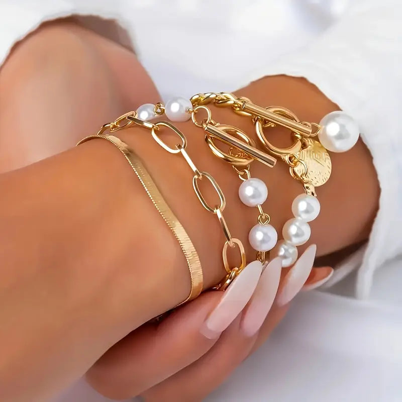 Σετ Βραχιολιών Chic Gold 4 τεμ - Φίδι, Πέρλες και Κρίκοι | Χρυσό