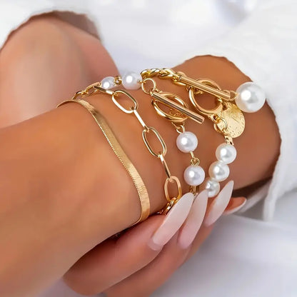 Σετ Βραχιολιών Chic Gold 4 τεμ - Φίδι, Πέρλες και Κρίκοι | Χρυσό