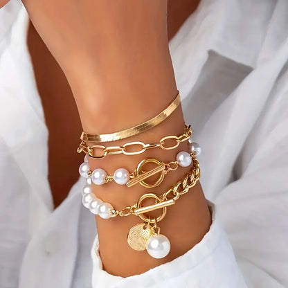 Σετ Βραχιολιών Chic Gold 4 τεμ - Φίδι, Πέρλες και Κρίκοι | Χρυσό