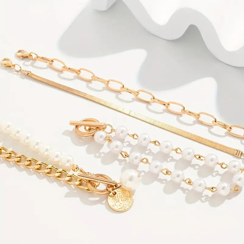 Σετ Βραχιολιών Chic Gold 4 τεμ - Φίδι, Πέρλες και Κρίκοι | Χρυσό
