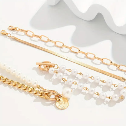 Σετ Βραχιολιών Chic Gold 4 τεμ - Φίδι, Πέρλες και Κρίκοι | Χρυσό