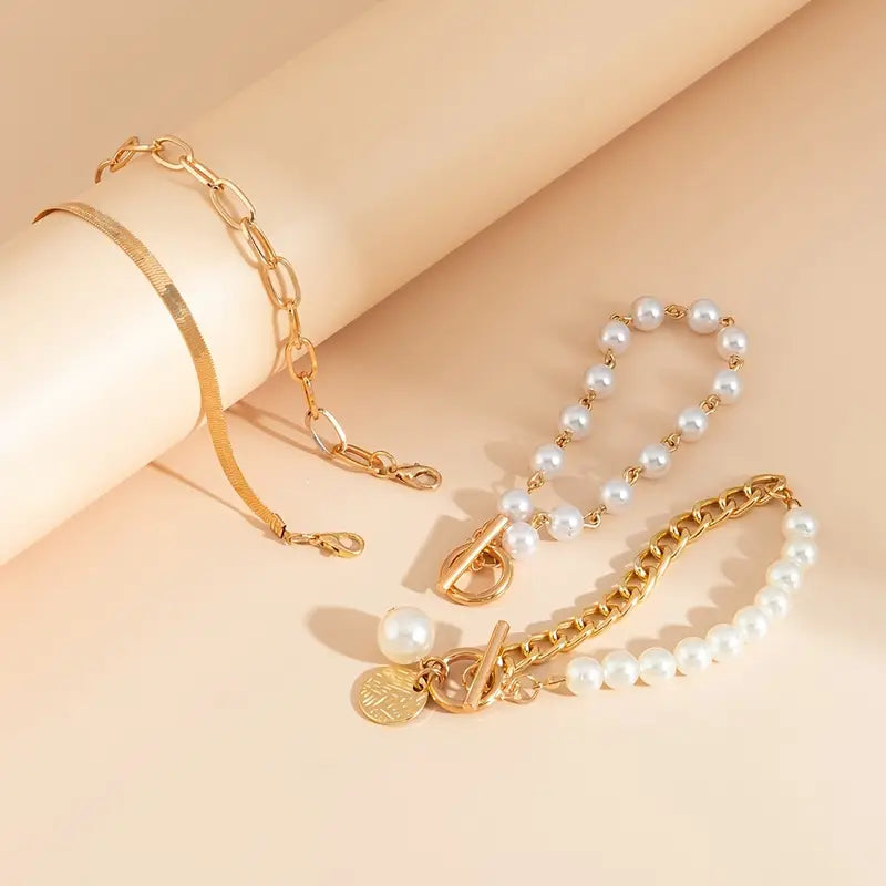 Σετ Βραχιολιών Chic Gold 4 τεμ - Φίδι, Πέρλες και Κρίκοι | Χρυσό