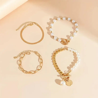 Σετ Βραχιολιών Chic Gold 4 τεμ - Φίδι, Πέρλες και Κρίκοι | Χρυσό